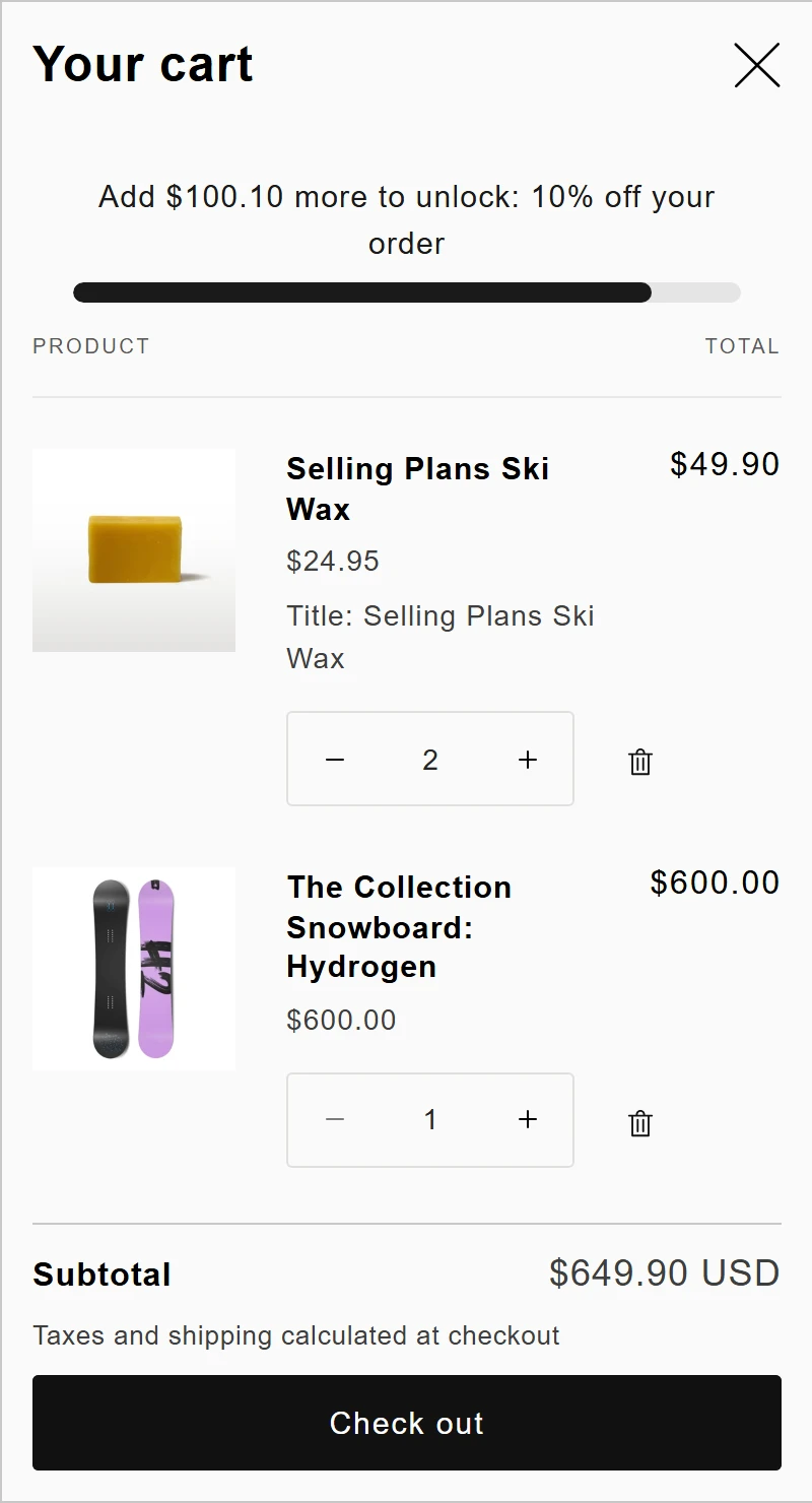 A Shopify store's cart drawer with the Kovo progress bar: Add $100.10 more to unlock 10% off your order